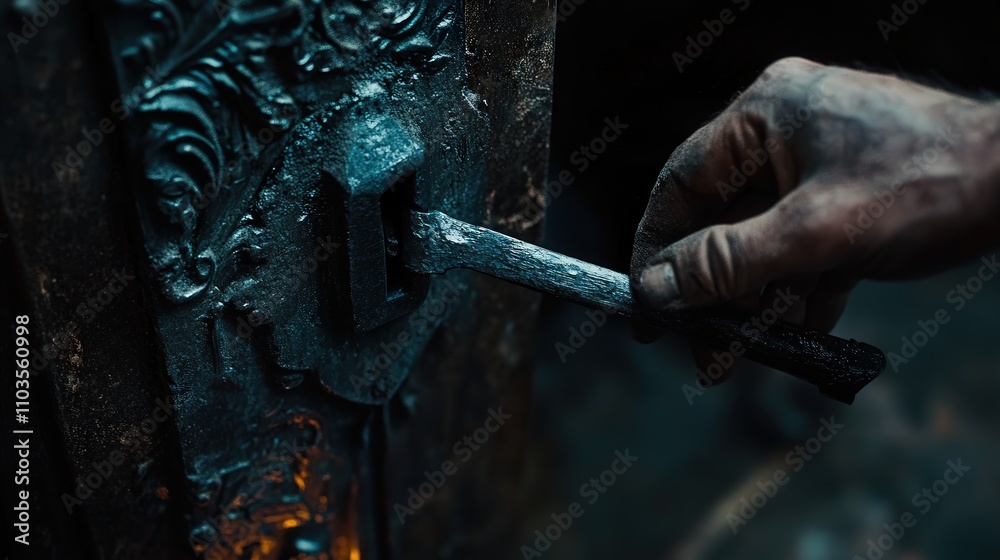 A blacksmith forging a piece of iron into a custom door handle, shaping and smoothing the metal with a hammer and chisel to fit the unique design. A blacksmith forging a piece of iron into a custom door handle, shaping and smoothing the metal with a hammer and chisel to fit the unique design.