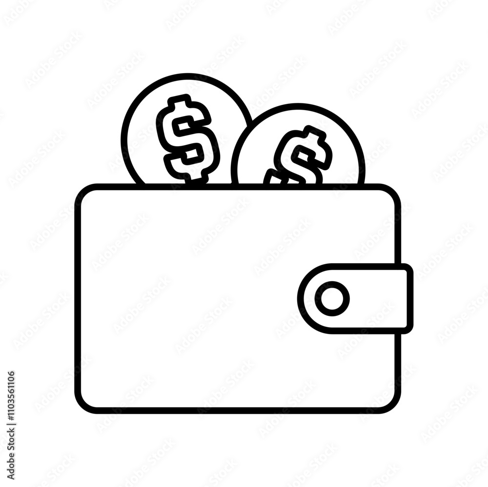 wallet icon with dollar coins, line vector isolated on white background. trendy and modern design wallet icon with dollar coins, line vector isolated on white background. trendy and modern design