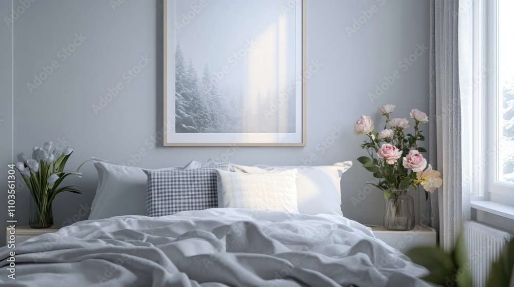 Modern light gray romantic bedroom with a window, flowers, a horizontal poster under the bed with plaid and pillows. Front view. Modern light gray romantic bedroom with a window, flowers, a horizontal poster under the bed with plaid and pillows. Front view.