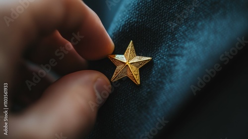 A close-up of a golden star pin being placed on a suit jacket soft focus on the hand and jacket photo