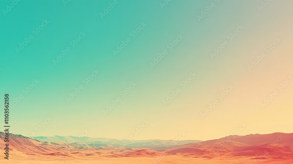 Fototapeta premium Serene landscape photo featuring a vast desert plain under a vibrant, two-toned sky. Pastel hues of teal and peach create a calm, minimalist feel.