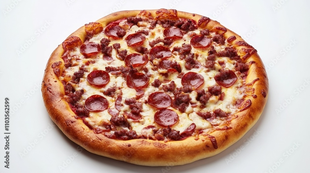 A perfectly round pizza with melted cheese and pepperoni slices isolated on a pure white background no shadows A perfectly round pizza with melted cheese and pepperoni slices isolated on a pure white background no shadows