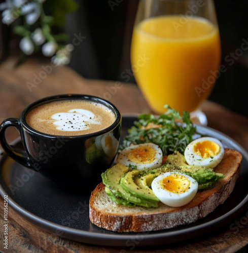 a black cup with latte, avocado tost with eggs mollet, and an orange juice in a small wine glass photo