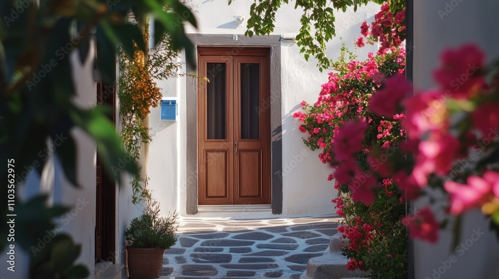 Charming entrance framed by vibrant flowers and a stone pathway.