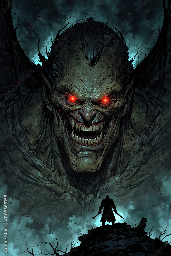 A terrifying portrait of a monstrous figure with glowing red eyes. Perfect for horror, fantasy, and dark fantasy themed projects, book covers, and games. A terrifying portrait of a monstrous figure with glowing red eyes. Perfect for horror, fantasy, and dark fantasy themed projects, book covers, and games.