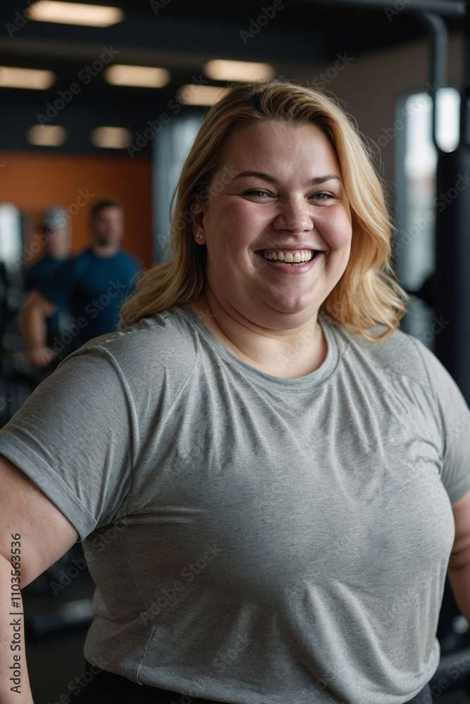 Portrait of a smiling plus-size woman at the gym. A positive image promoting body positivity and fitness for all body types. Ideal for fitness brands, health publications, and body image campaigns.