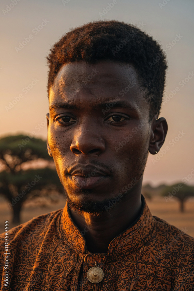 Close-up portrait of a African man at sunset. His pensive expression and traditional clothing create a powerful and evocative image. Perfect for projects focused on culture, identity, and portraiture Close-up portrait of a African man at sunset. His pensive expression and traditional clothing create a powerful and evocative image. Perfect for projects focused on culture, identity, and portraiture