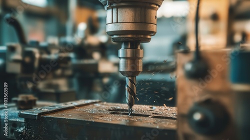 A close-up of a drill with a rotating bit, drilling through a piece of metal. photo