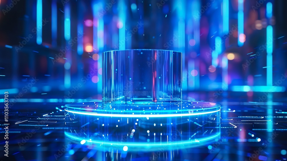 Futuristic Product Display: Transparent Glass Podium with Blue Digital Background Futuristic Product Display: Transparent Glass Podium with Blue Digital Background