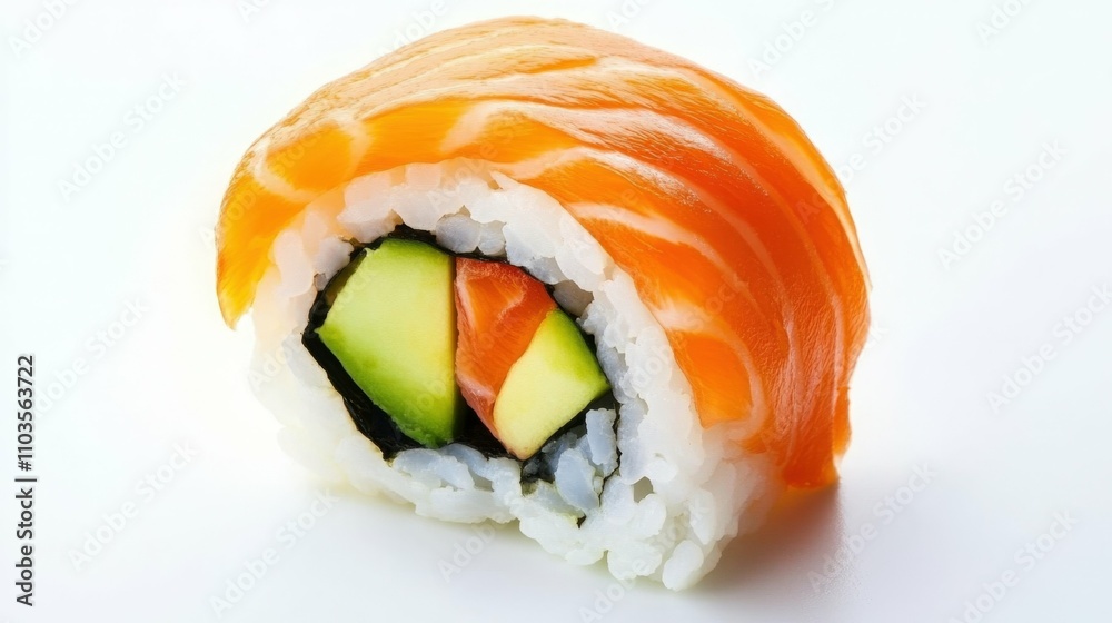 A single sushi roll with vibrant fillings of salmon avocado and rice cleanly isolated on a white background no shadows A single sushi roll with vibrant fillings of salmon avocado and rice cleanly isolated on a white background no shadows