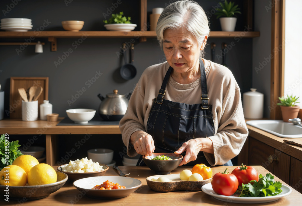 Senior woman smiling while cooking a healthy meal in the kitchen Senior woman smiling while cooking a healthy meal in the kitchen