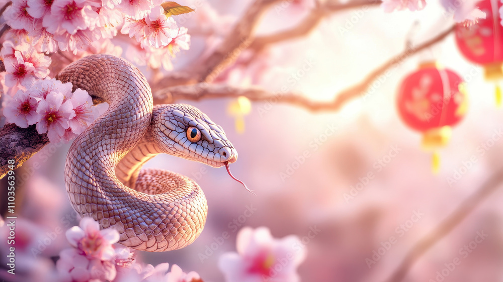 coiled snake rests among delicate cherry blossoms, framed by traditional lanterns, creating serene and enchanting atmosphere coiled snake rests among delicate cherry blossoms, framed by traditional lanterns, creating serene and enchanting atmosphere