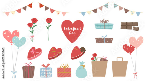 A colorful and cute hand-drawn illustration set for Valentine's Day, gifts, and parties / バレンタイン、プレゼント、パーティをイメージしたカラフルなかわいい手描きのイラストセット