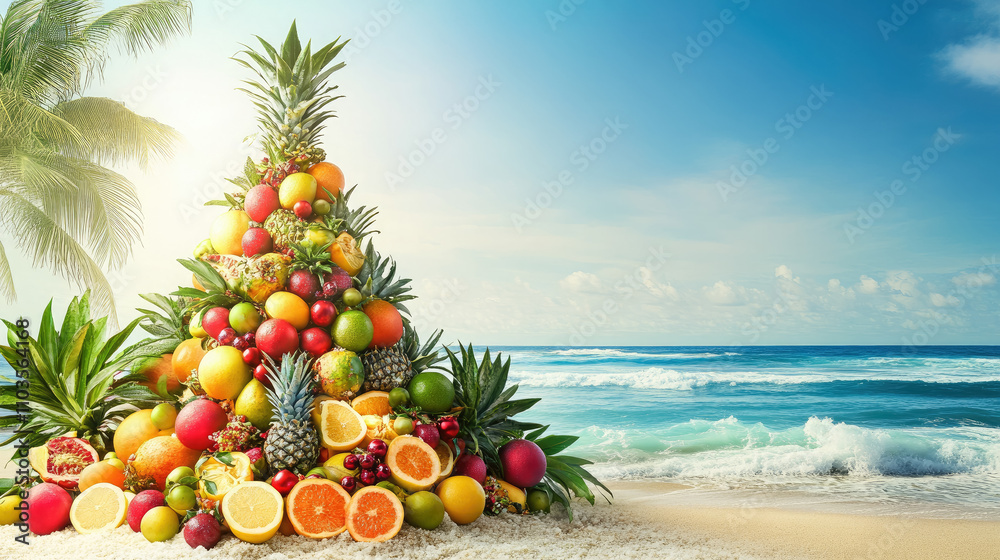 Christmas tree made of tropical fruits on the background of a sandy beach, new year, vacation at sea, sea, south, xmas, holiday, celebration, decor, symbol Christmas tree made of tropical fruits on the background of a sandy beach, new year, vacation at sea, sea, south, xmas, holiday, celebration, decor, symbol