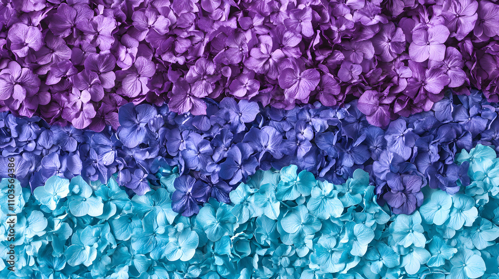 Obraz premium A vibrant, layered image showcasing three shades of hydrangeas: purple, blue, and teal. The blossoms create a striking gradient effect, perfect for backgrounds or design elements.