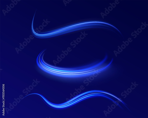 Light trail wave, fire path trace line, car lights, optic fiber and incandescence curve twirl. Big data traffic visualization, dynamic high speed, png, effect. Vector glowing lines air flow effect. 