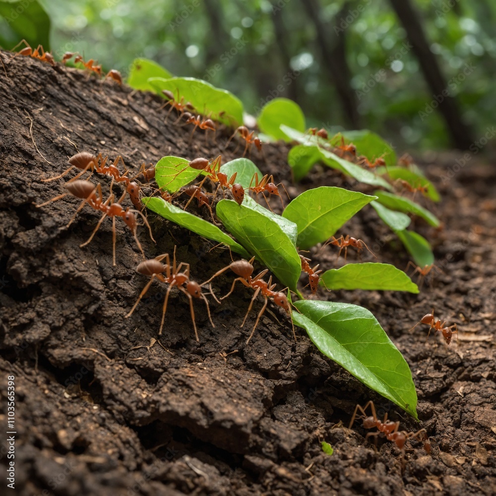 A line of leafcutter ants carrying leaves back to their colony.
A line of leafcutter ants carrying leaves back to their colony.