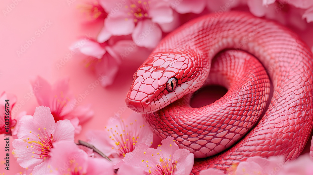 vibrant pink snake coiled gracefully among delicate cherry blossoms, creating stunning visual contrast. scene evokes sense of elegance and tranquility