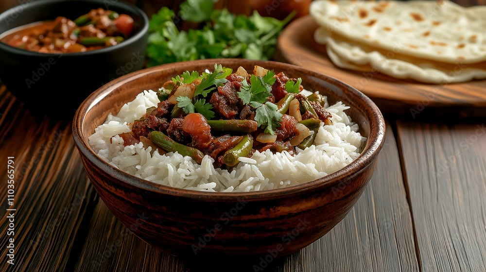 A bowl of rice topped with a spicy vegetable mix, garnished with fresh herbs, accompanied by naan and a side dish on a rustic wooden table. A bowl of rice topped with a spicy vegetable mix, garnished with fresh herbs, accompanied by naan and a side dish on a rustic wooden table.