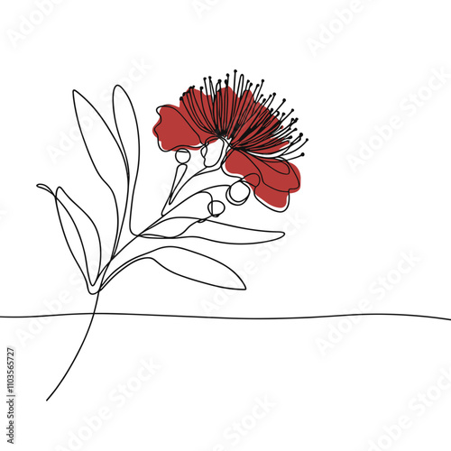 River Red Gum flower outline drawing with red accents on a transparent background for Australia Day celebration