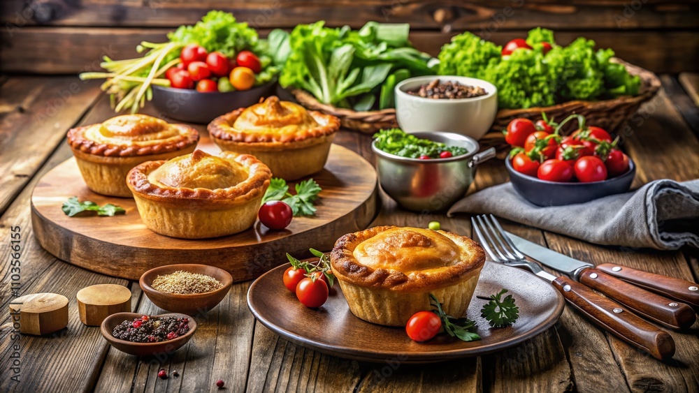 Elegant Table Setting Featuring Savory Beef Pies and Fresh Salad, Perfect for a Cozy Dinner Gathering with Family and Friends in a Warm Atmosphere Elegant Table Setting Featuring Savory Beef Pies and Fresh Salad, Perfect for a Cozy Dinner Gathering with Family and Friends in a Warm Atmosphere