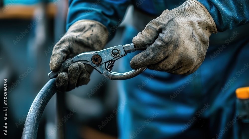 A close-up of a worker using pliers to tighten a clamp around a hose. A close-up of a worker using pliers to tighten a clamp around a hose.