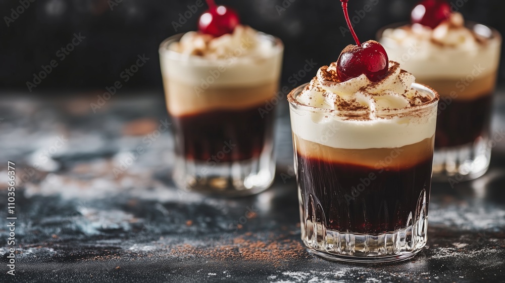 Black Russian cocktail in layered shot glasses with creamy topping and cherry garnish, served on a textured dark surface in soft light for an elegant presentation Black Russian cocktail in layered shot glasses with creamy topping and cherry garnish, served on a textured dark surface in soft light for an elegant presentation