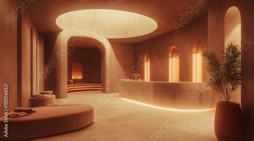 An elegant and modern spa with a concrete floor, walls painted in earthy tones