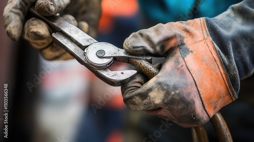A close-up of a worker using pliers to tighten a clamp around a hose.
