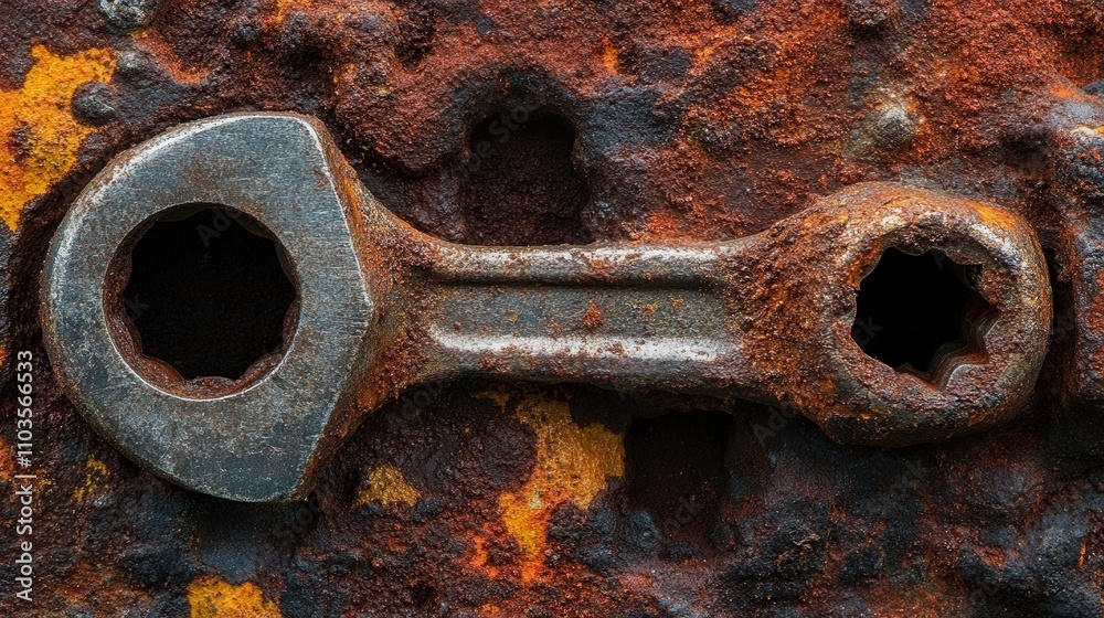 A close-up of a wrench fitting into the teeth of a rusted nut. A close-up of a wrench fitting into the teeth of a rusted nut.