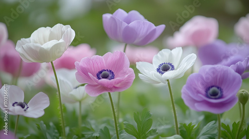 Soft Field of Pastel Anemones in Pink, White, and Lavender with Natural Greenery, Gentle Lighting, and a Serene Floral Mood, Generated AI