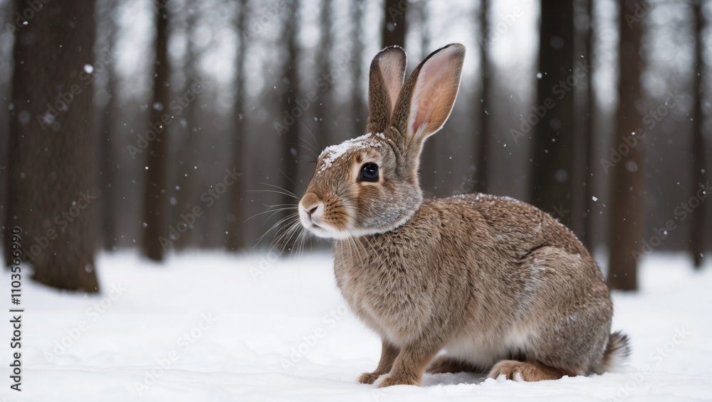 A fluffy white rabbit, a symbol of Easter, sits alone in a snowy landscape A fluffy white rabbit, a symbol of Easter, sits alone in a snowy landscape