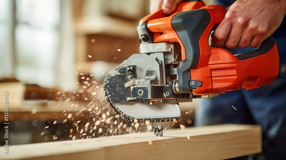 A close-up of an electric miter saw cutting through trim molding at a precise angle. A close-up of an electric miter saw cutting through trim molding at a precise angle.