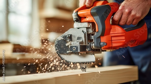 A close-up of an electric miter saw cutting through trim molding at a precise angle.