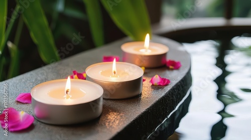 Tranquil scene with candles and petals by water.