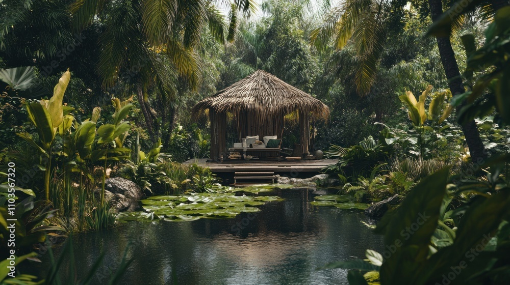 A serene tropical setting featuring a thatched hut by a pond surrounded by lush greenery. A serene tropical setting featuring a thatched hut by a pond surrounded by lush greenery.