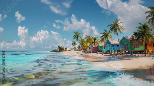 Fototapeta Naklejka Na Ścianę i Meble -  Vibrant Caribbean Beach Scene: Turquoise Waters, Palm Trees, and Colorful Huts - Perfect for Travel and Vacation Themes