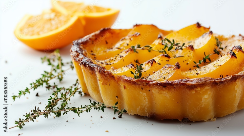 Homemade pumpkin tart garnished with thyme sprigs on a white background, accompanied by fresh orange slices Homemade pumpkin tart garnished with thyme sprigs on a white background, accompanied by fresh orange slices