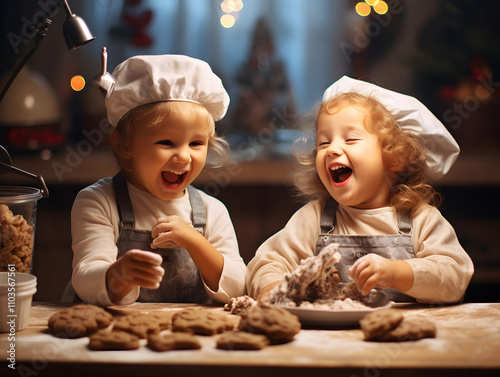 Happy family funny children preparing dough, baking cookies in the kitchen. Sisters have fun laughing together.