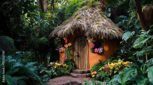 A charming thatched-roof cottage surrounded by lush tropical foliage and vibrant flowers.