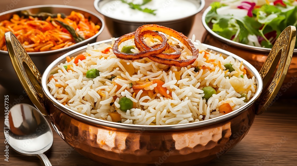 A vibrant bowl of biryani with vegetables, garnished with fried onions, accompanied by sides of yogurt, salad, and spiced carrots. A vibrant bowl of biryani with vegetables, garnished with fried onions, accompanied by sides of yogurt, salad, and spiced carrots.