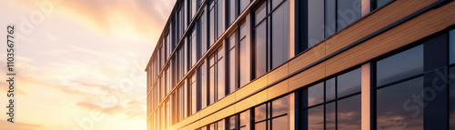 Wallpaper Mural Modern building facade reflecting golden hour light, showcasing sleek glass and wooden elements. warm glow enhances architectural beauty and creates serene atmosphere Torontodigital.ca