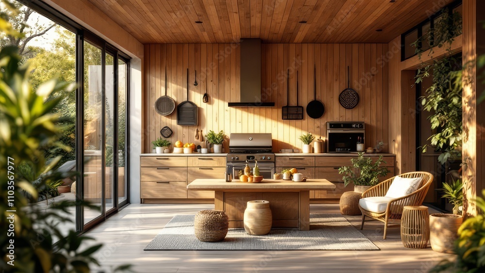Elegant summer kitchen furniture with barbecue grids and wainscoting. Elegant summer kitchen furniture with barbecue grids and wainscoting.