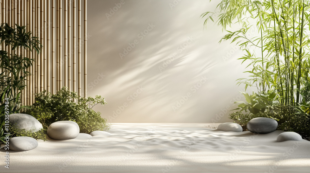 Serene Zen Garden with Raked Sand, Smooth Stones, and Bamboo Plants in Soft Neutral Tones, Calming Background for Wellness Products, Generated AI Serene Zen Garden with Raked Sand, Smooth Stones, and Bamboo Plants in Soft Neutral Tones, Calming Background for Wellness Products, Generated AI