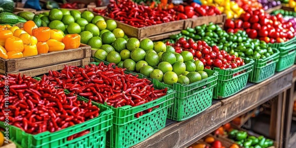 Vibrant Display of Fresh Fruits and Vegetables at a Colorful Market Stall with Baskets of Produce Vibrant Display of Fresh Fruits and Vegetables at a Colorful Market Stall with Baskets of Produce