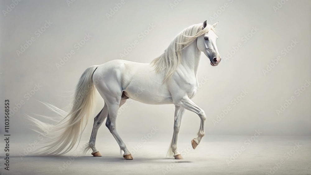 Elegant White Horse on a Pure White Background, Capturing the Beauty of Equine Grace in Fashion Photography, Perfect for Minimalist and Ethereal Aesthetic Projects Elegant White Horse on a Pure White Background, Capturing the Beauty of Equine Grace in Fashion Photography, Perfect for Minimalist and Ethereal Aesthetic Projects