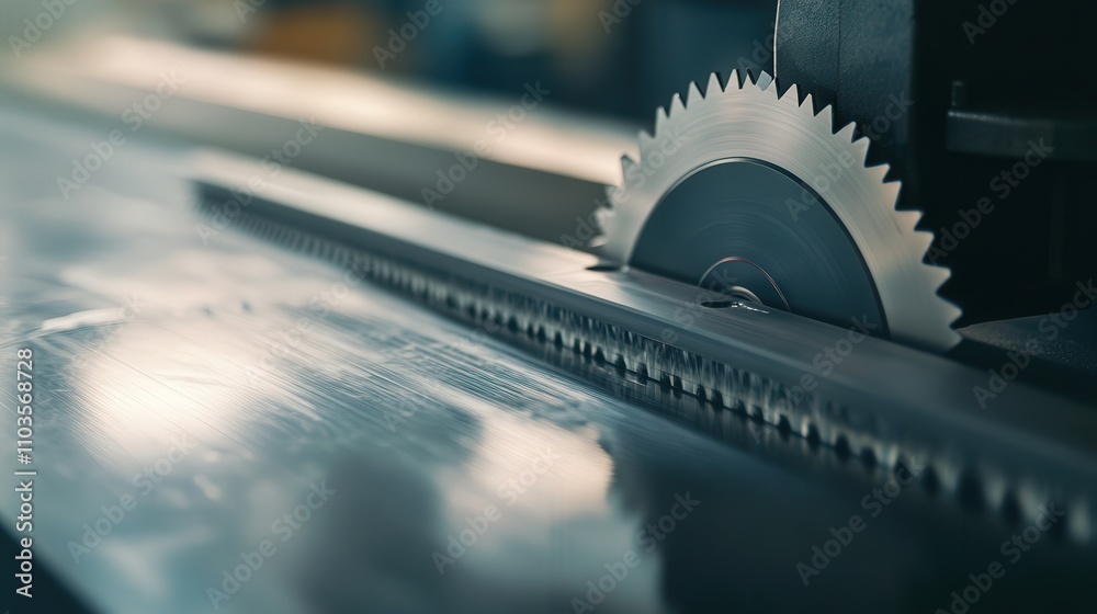 A close-up shot of an electric saw with a fine tooth blade cutting through thin sheet metal. A close-up shot of an electric saw with a fine tooth blade cutting through thin sheet metal.
