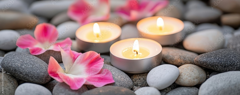 Calm candles on pebbles with flower petals for relaxation.