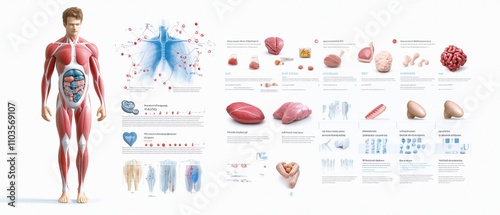 Human anatomy infographic showing muscles, organs, and systems.