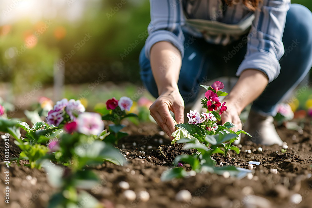 Fototapeta premium Close-up of a woman planting flowers in a vegetable garden in spring